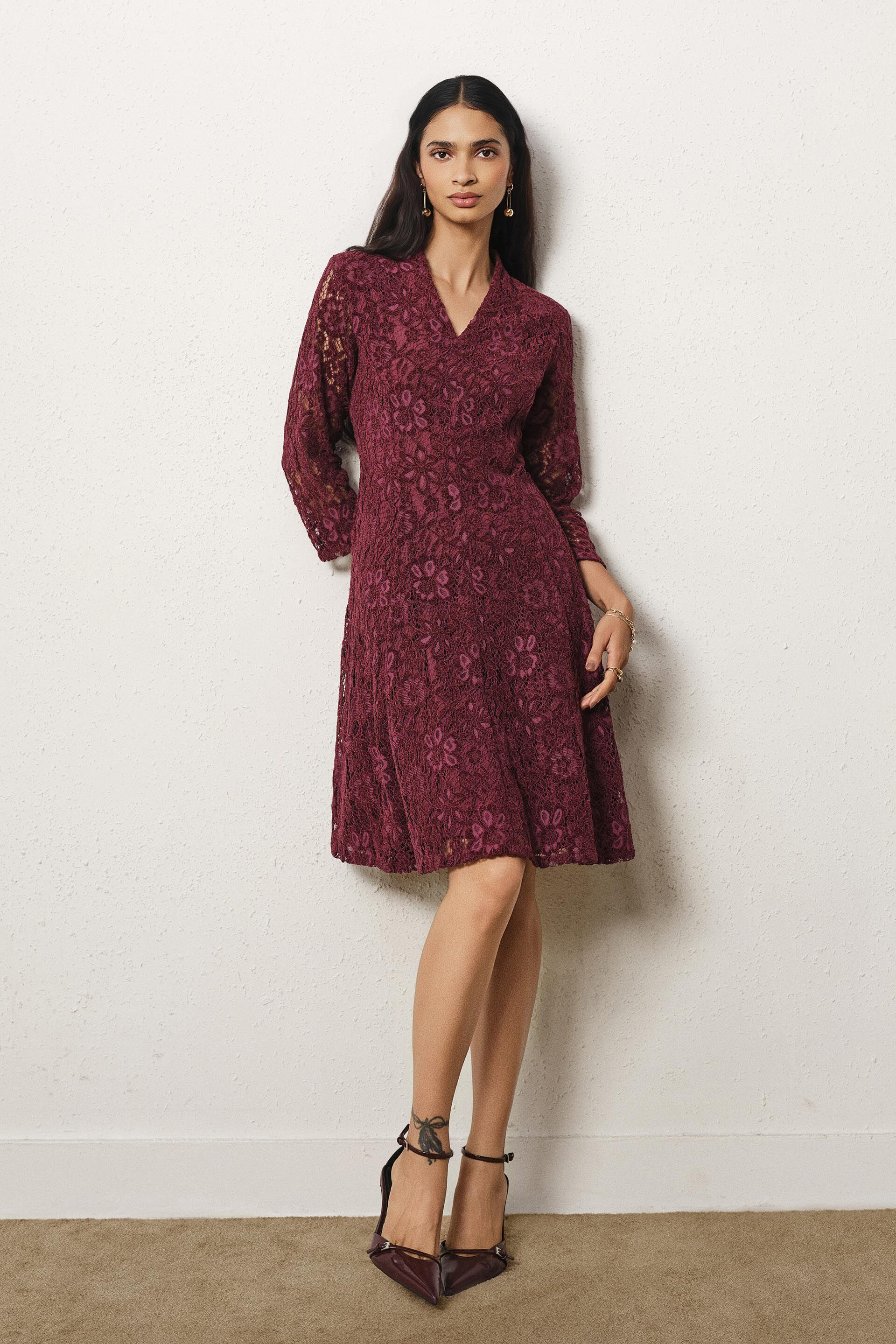Lace Fit & Flare Dress in Wine, Wine, image 3
