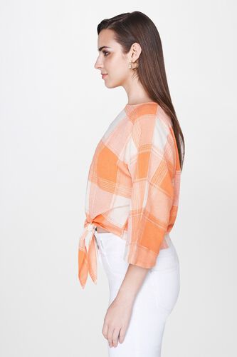 4 - Orange Checks Tie-Ups Round Neck Blouse Top, image 4