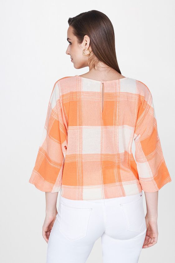 3 - Orange Checks Tie-Ups Round Neck Blouse Top, image 3
