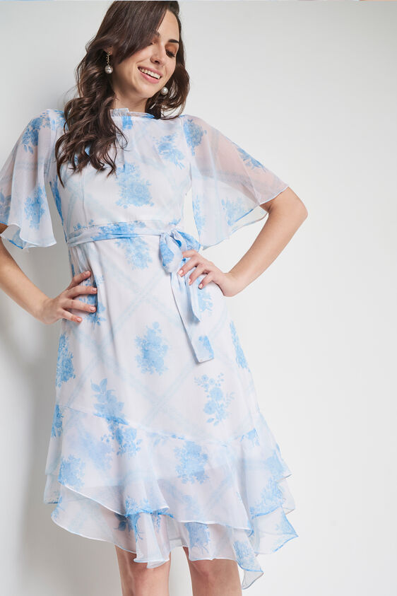 White and Blue Floral Asymmetric Dress, White, image 7
