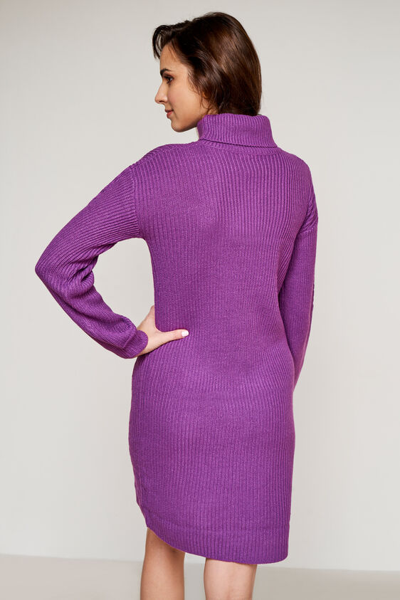 Purple Solid High Neck Winter Dress, Purple, image 5