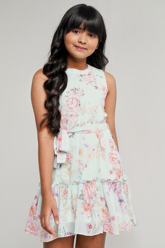 Aqua Floral Flared Dress, Aqua, image 1