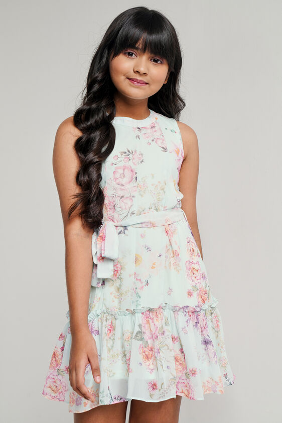 Aqua Floral Flared Dress, Aqua, image 1