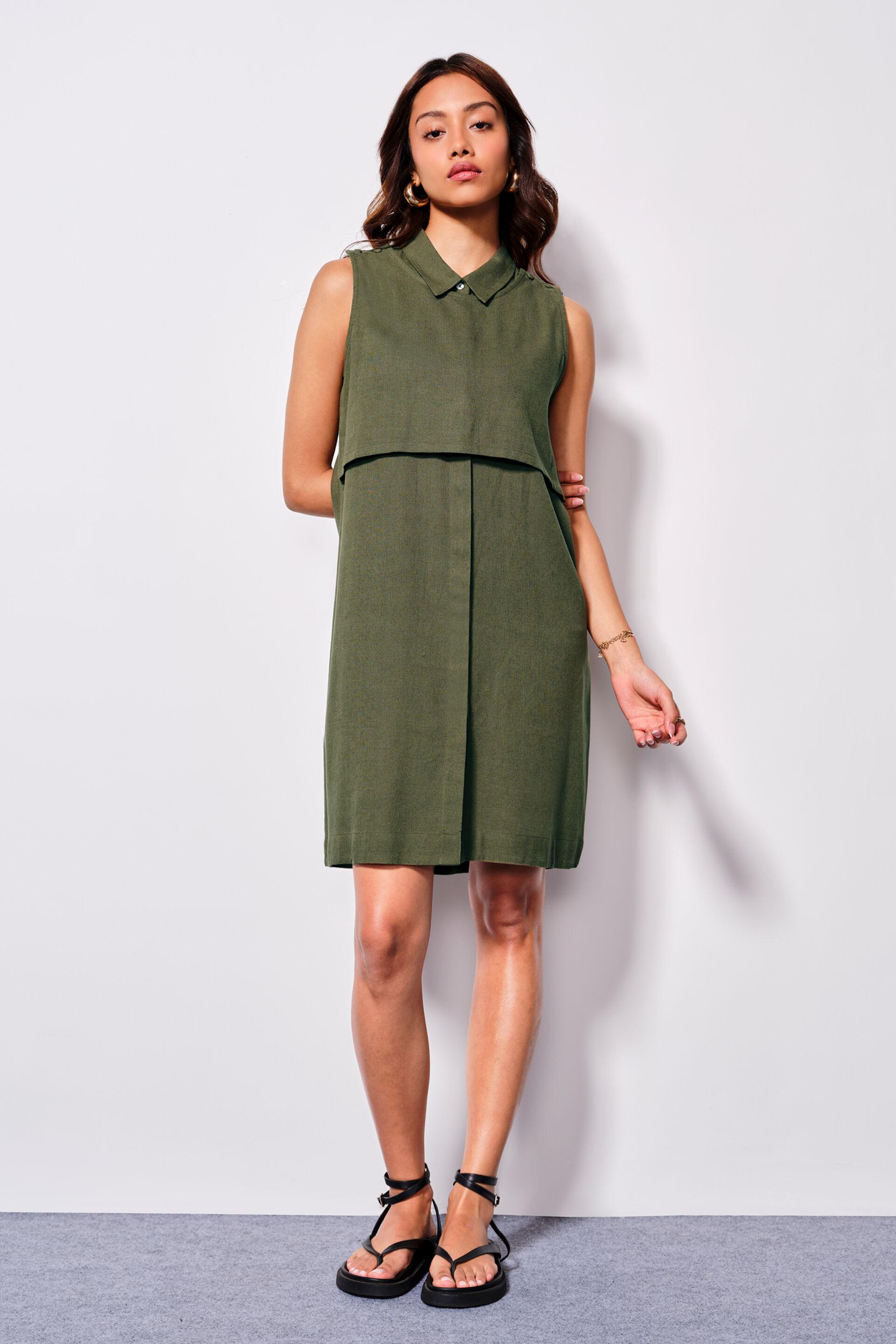 Buy our Olive Grove Viscose Blend Pinafore Dress online from ANDIndia SC F24R24DRLV