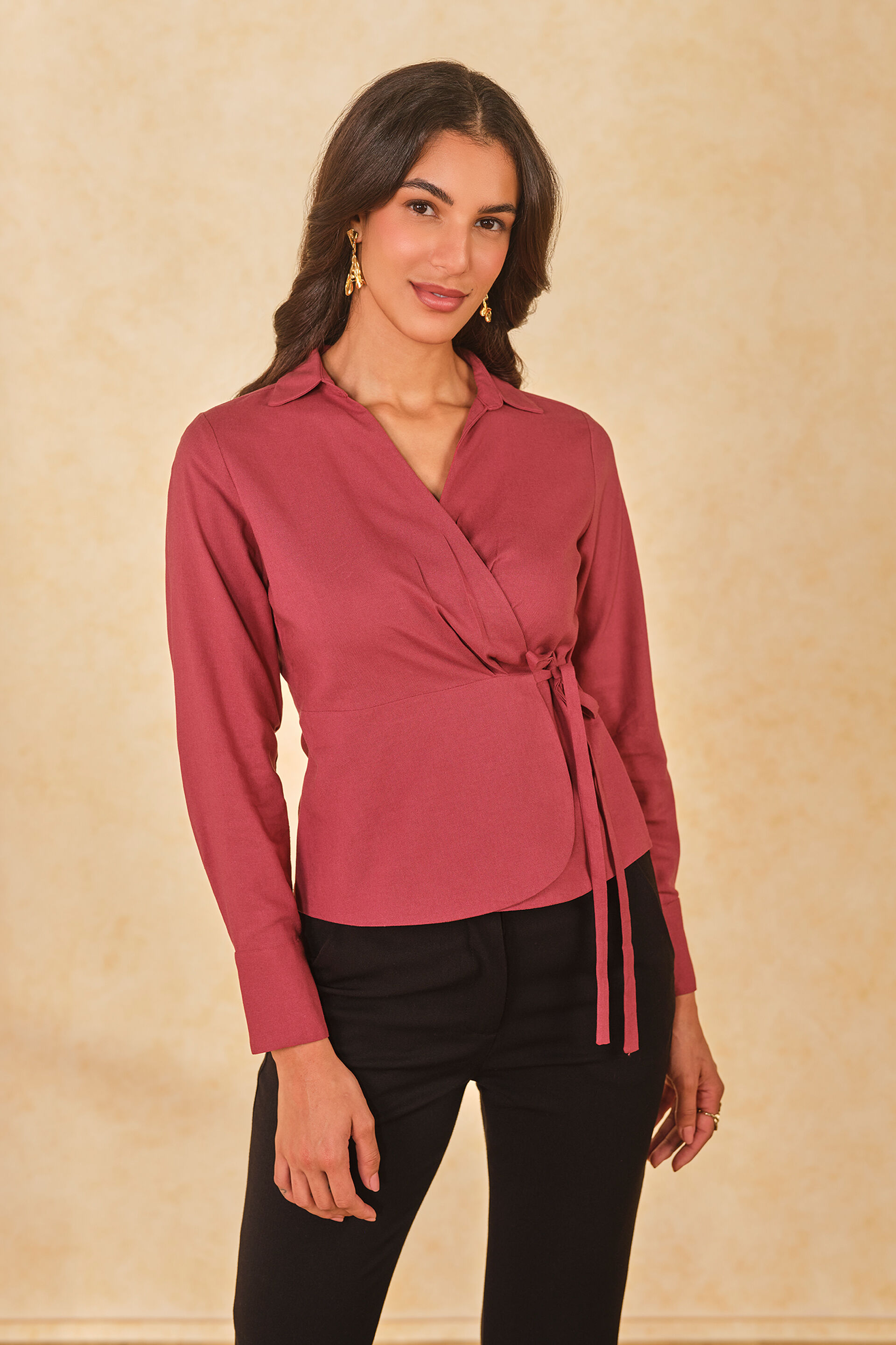 Autumn Embrace Viscose Blend Wrap Top, Rust, image 1