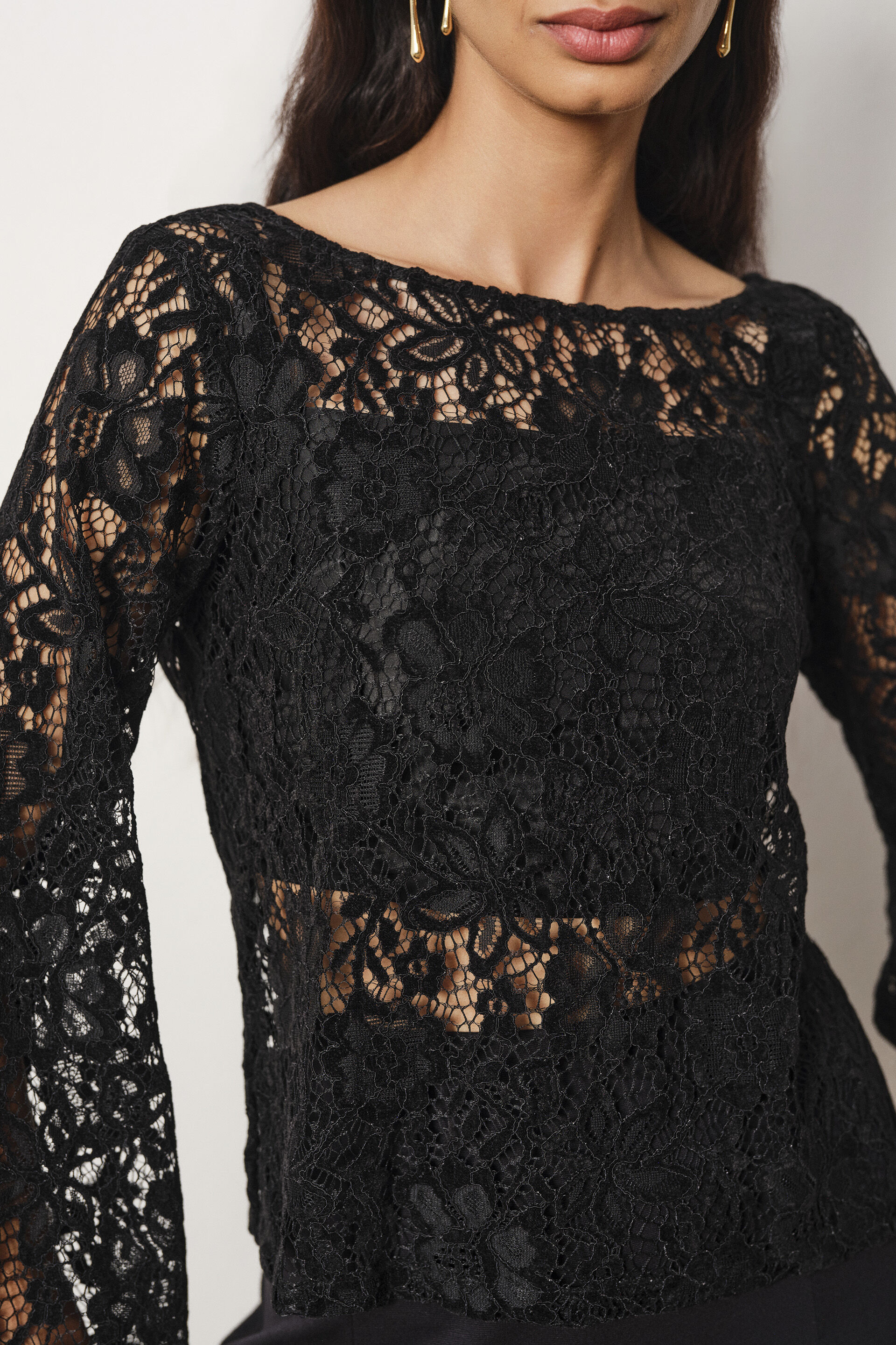 Lace Full Sleeves Top in Black, Black, image 2