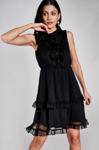 3 - Black Ruffles Band Collar Fit and Flare Short Dress, image 3