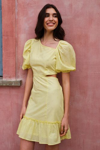1 - Yellow Self Design Fit and Flare Dress, image 1