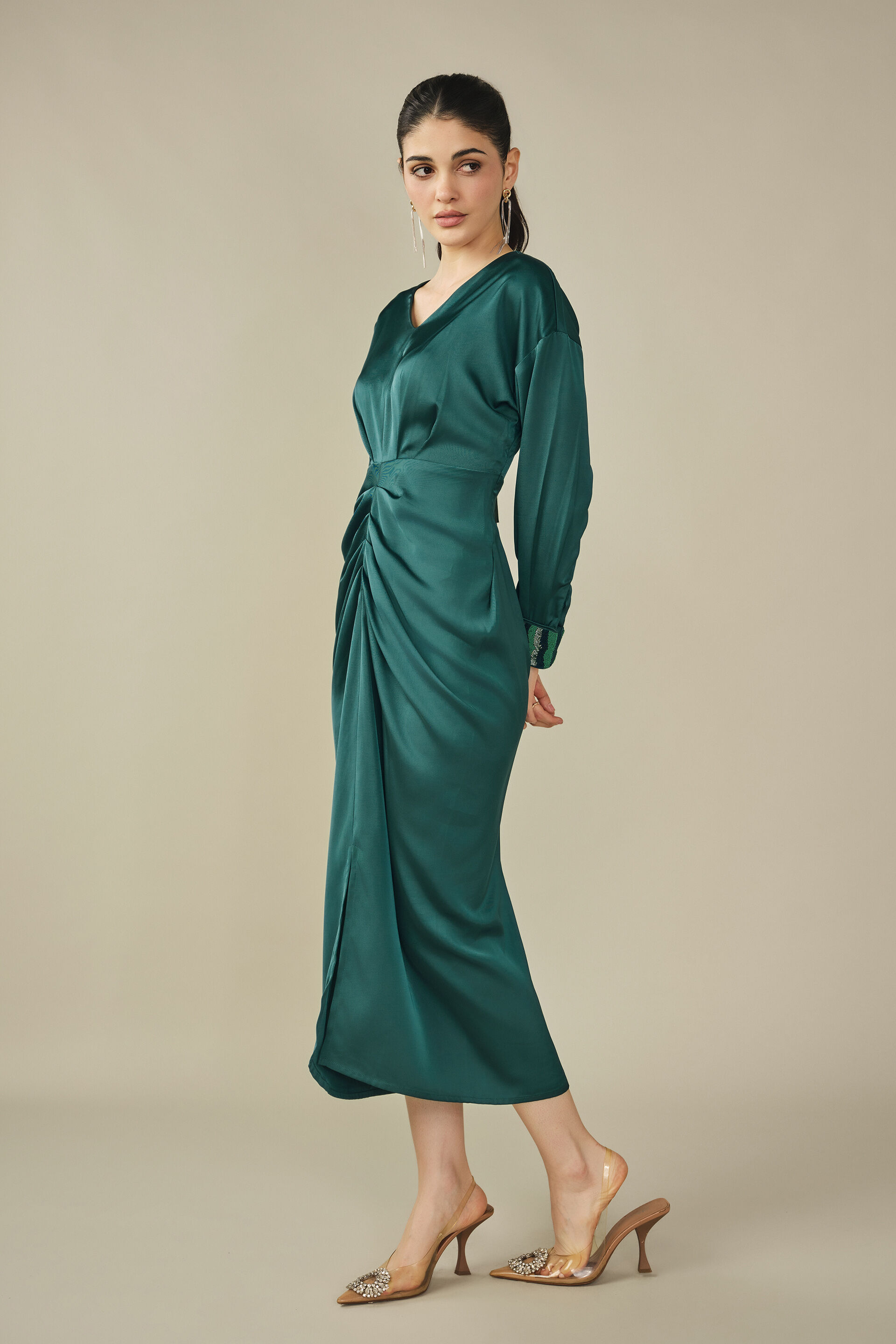 Draped Satin Dress in Green, Green, image 5