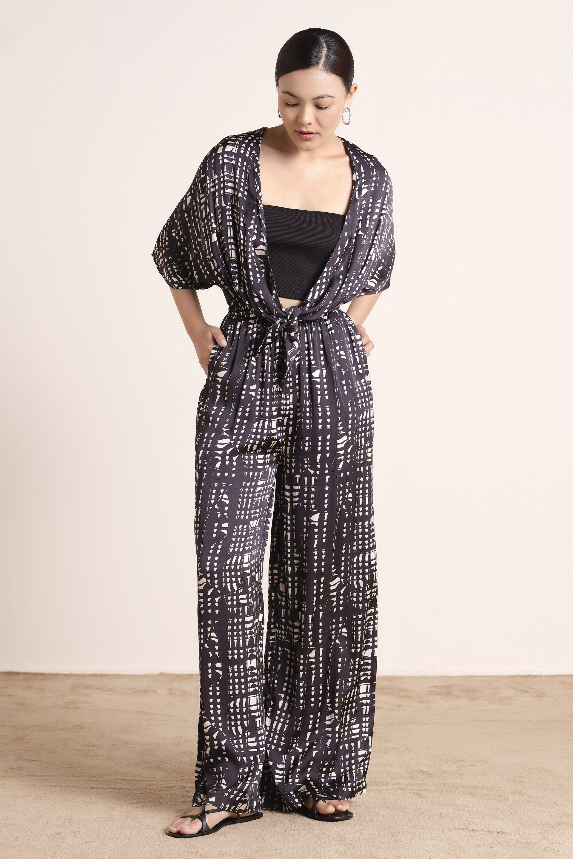 Printed Monochrome Modal Satin Jumpsuit, Black, image 1
