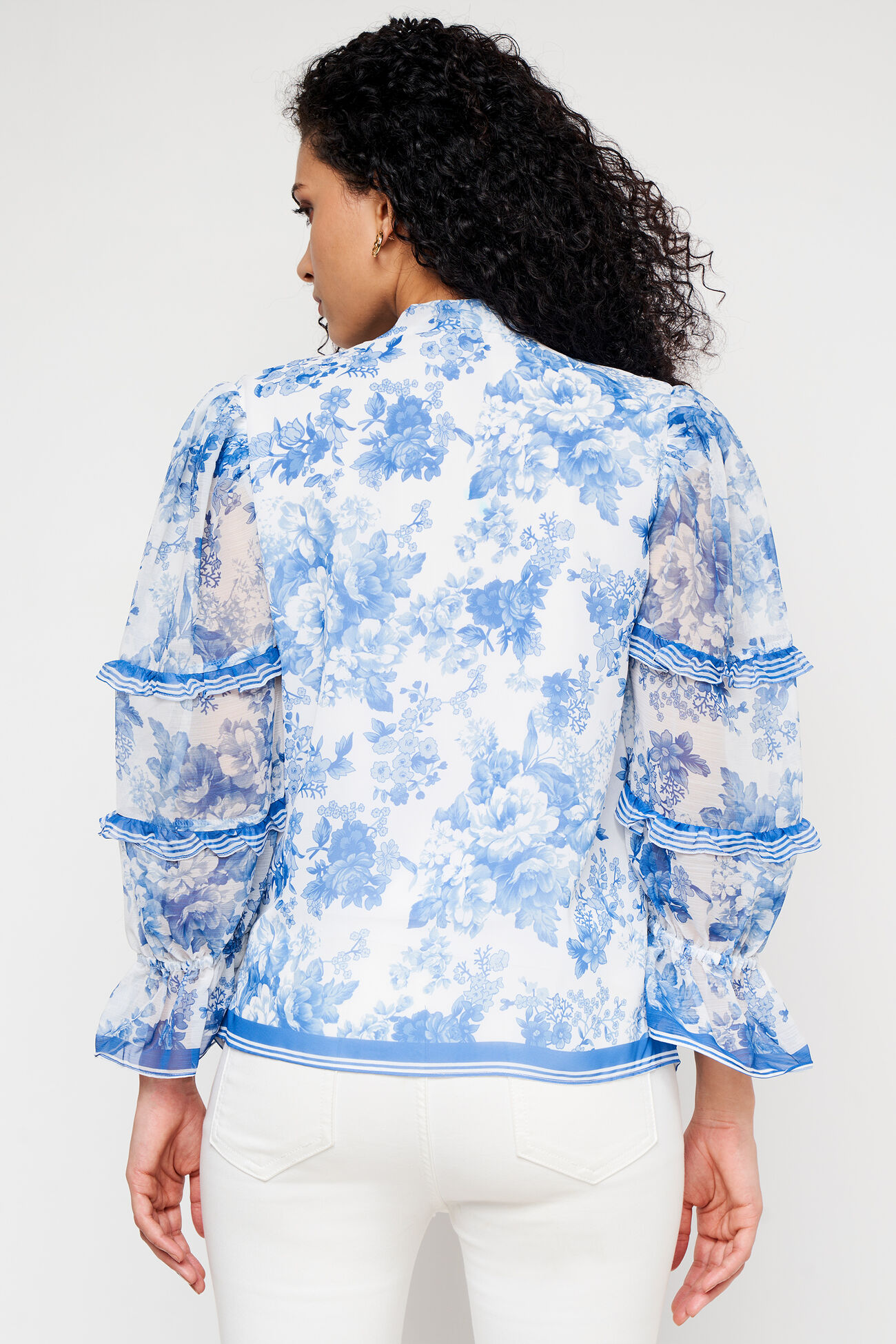 Blue and White Floral Casual Top, Blue, image 4