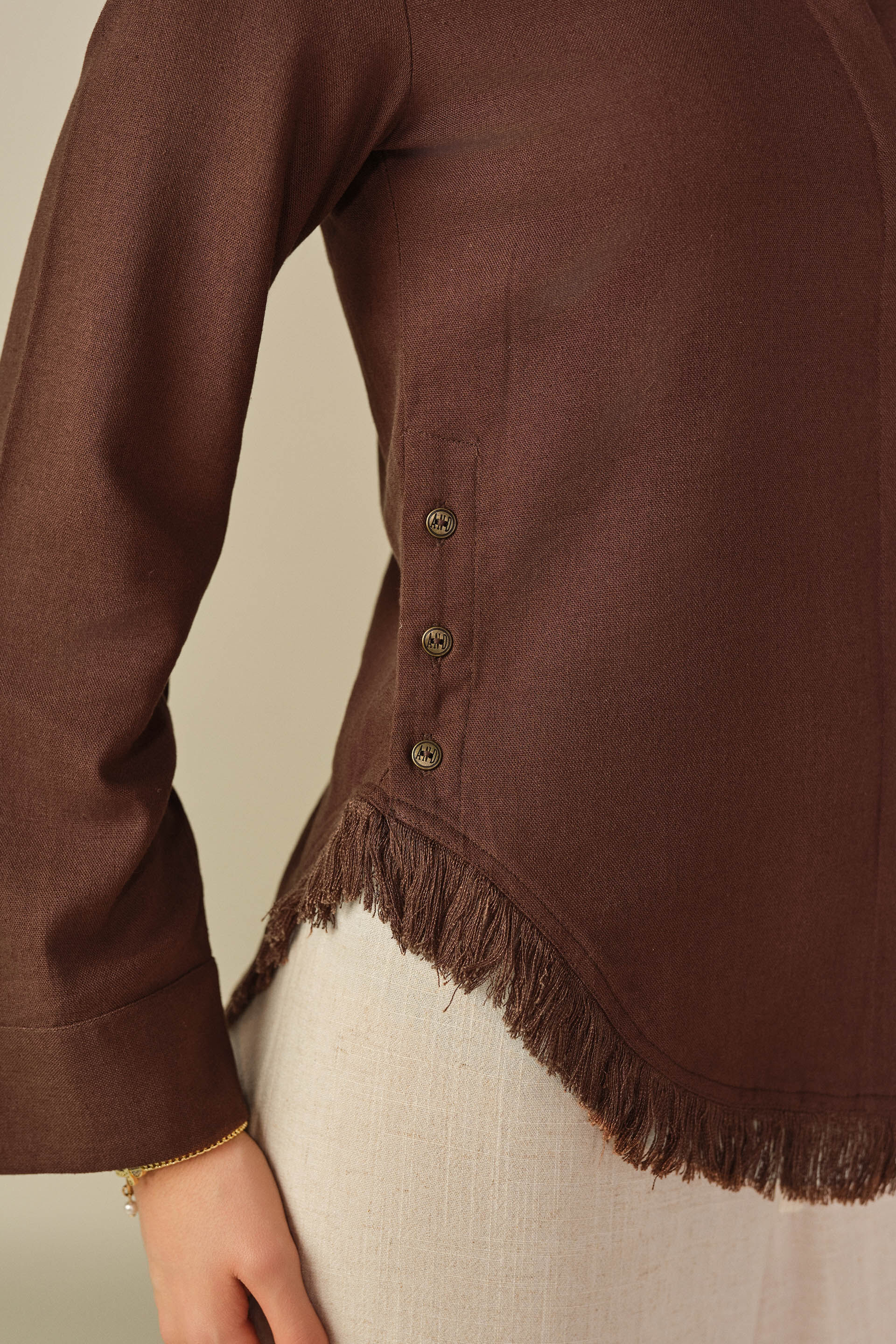 Solid Ruffle Detail Shirt in Brown, Brown, image 2
