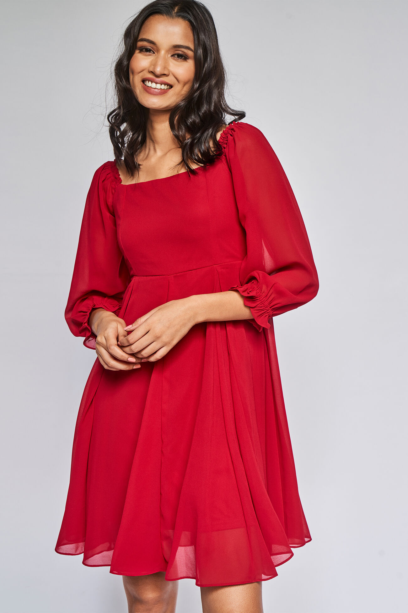 Red Solid Fit and Flare Dress, Red, image 2