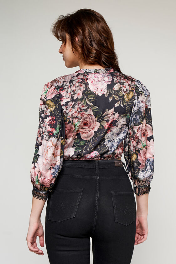 Black Floral Slim Top, Black, image 4