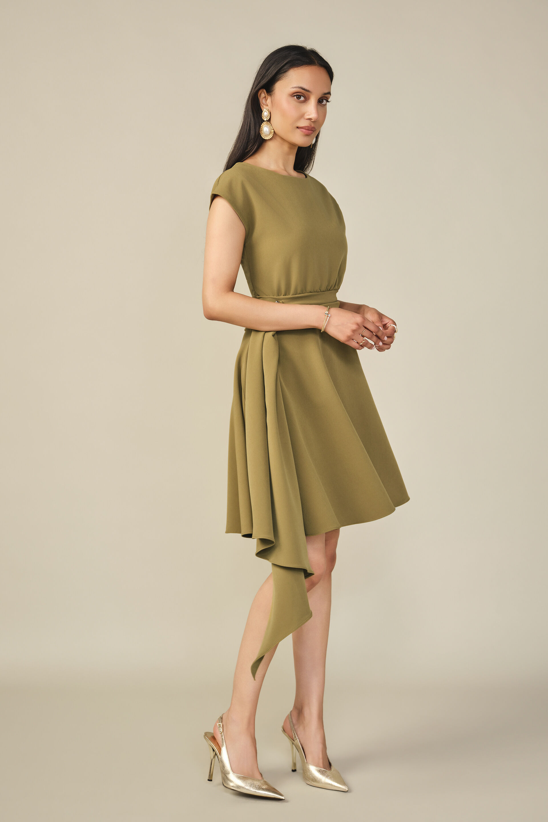 Fit & Flare Solid Dress in Chartreuse, Olive, image 5