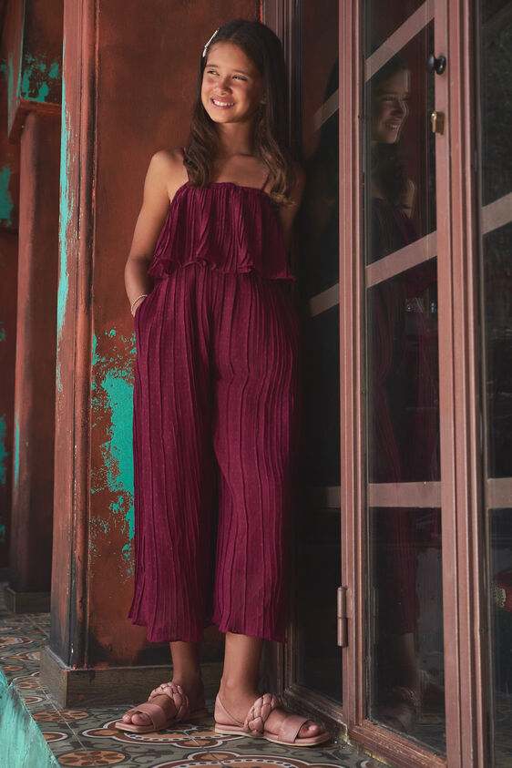 Wine Floral Pleated Jumpsuit, Wine, image 2