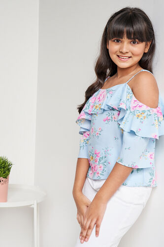Blue and Pink Floral Square Neck Top, Blue, image 1
