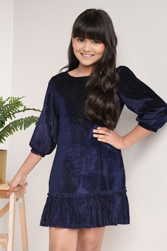 Navy Blue Solid Flounce Dress, Navy Blue, image 3