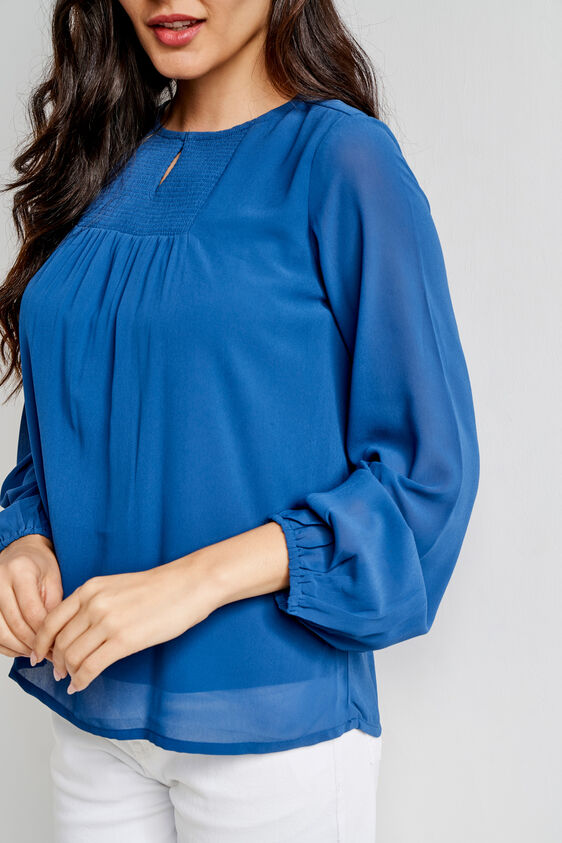 Blue Solid Round Neck Top, Blue, image 6