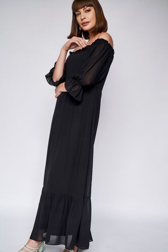 Black Solid Fit and Flare Gown, Black, image 3