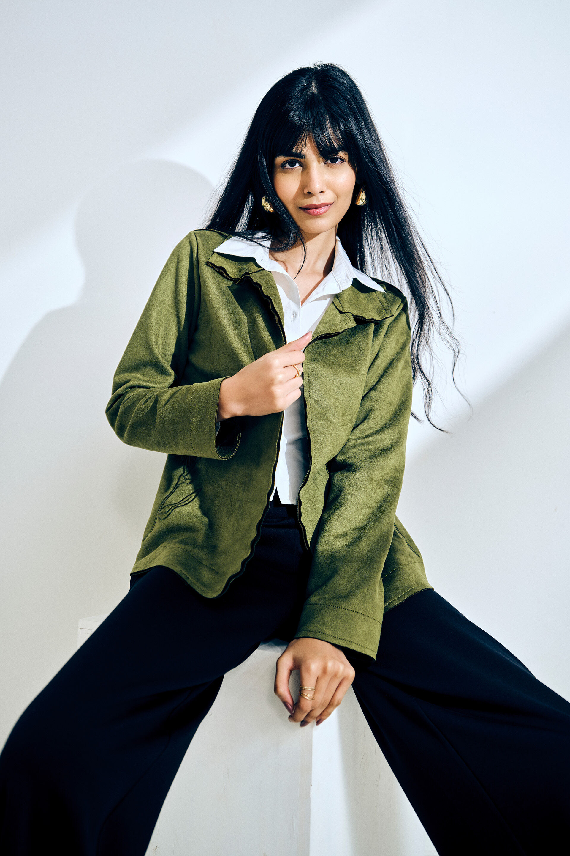 Olive Suede Embroidered Open Jacket, Olive, image 3