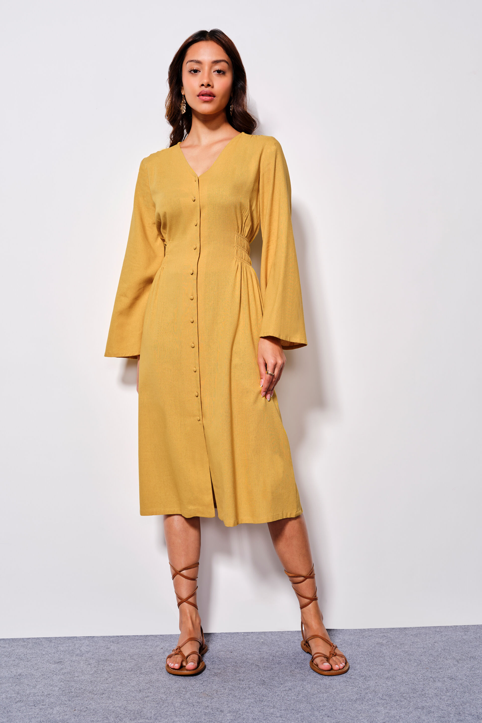 Golden Hour Viscose Blend Button-Up Dress, Yellow, image 1