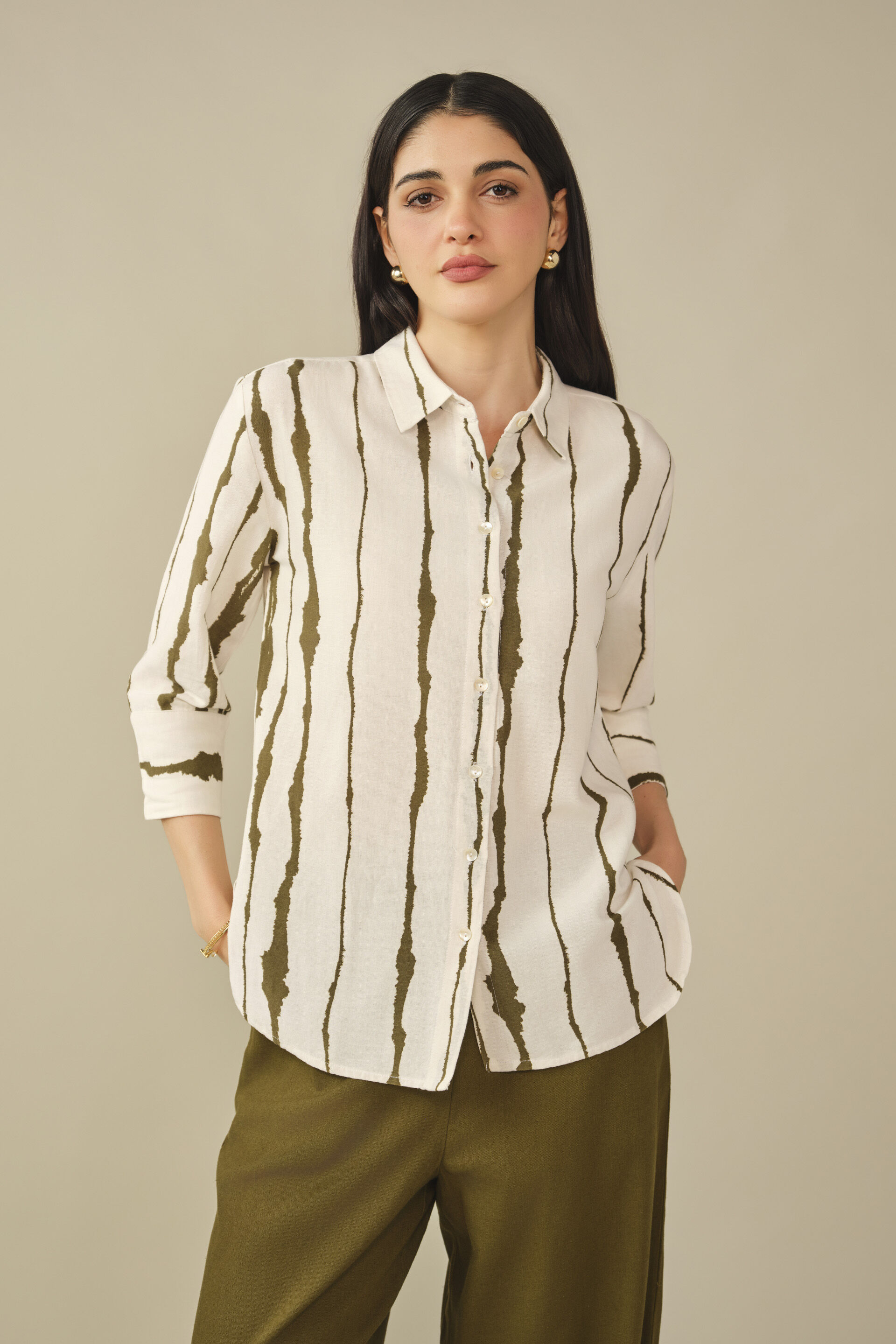 Striped Shirt in Olive, Olive, image 1