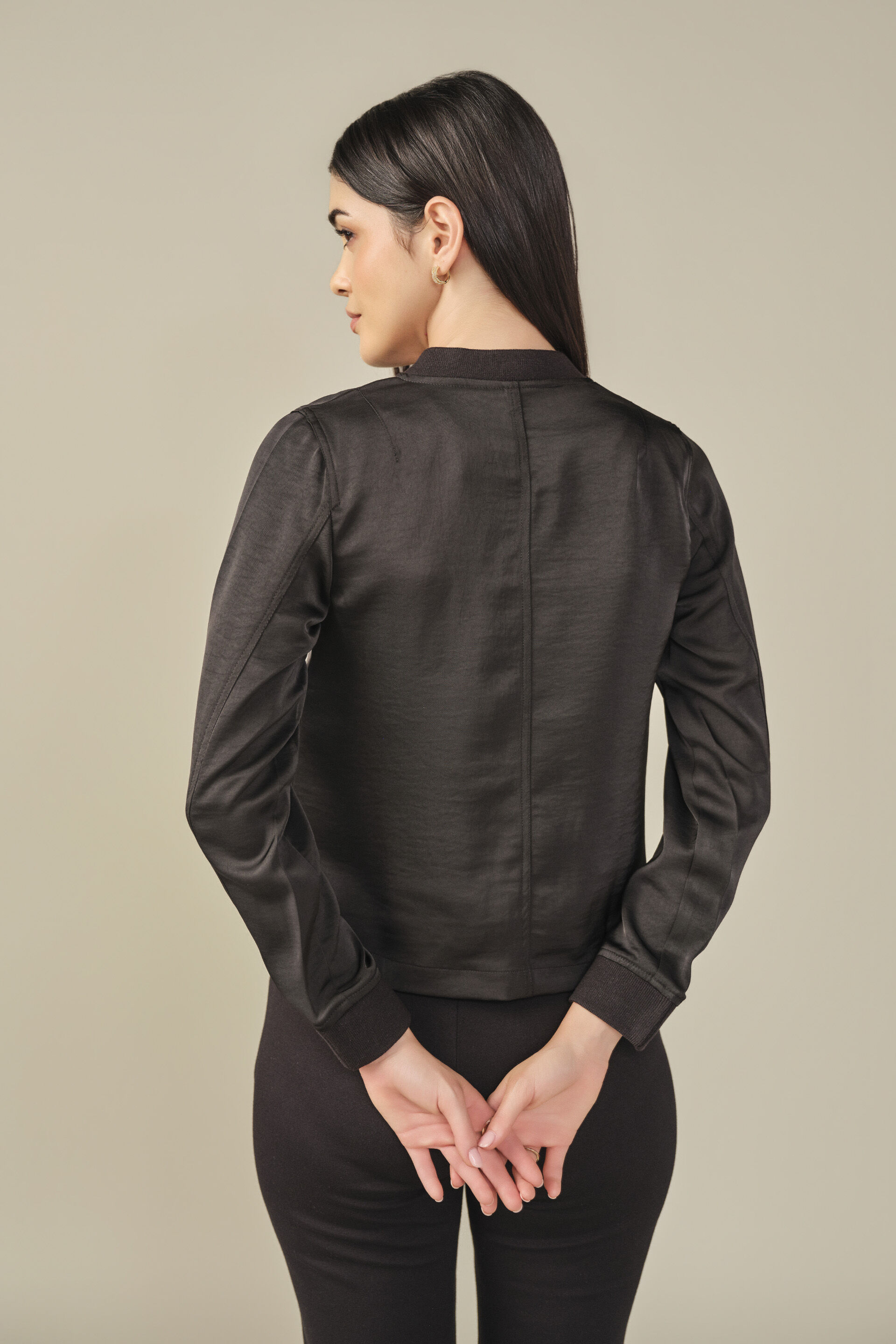 Satin Bomber Jacket in Black, Black, image 6