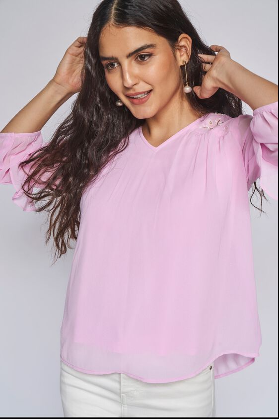 4 - Pink Solid Blouson Top, image 4