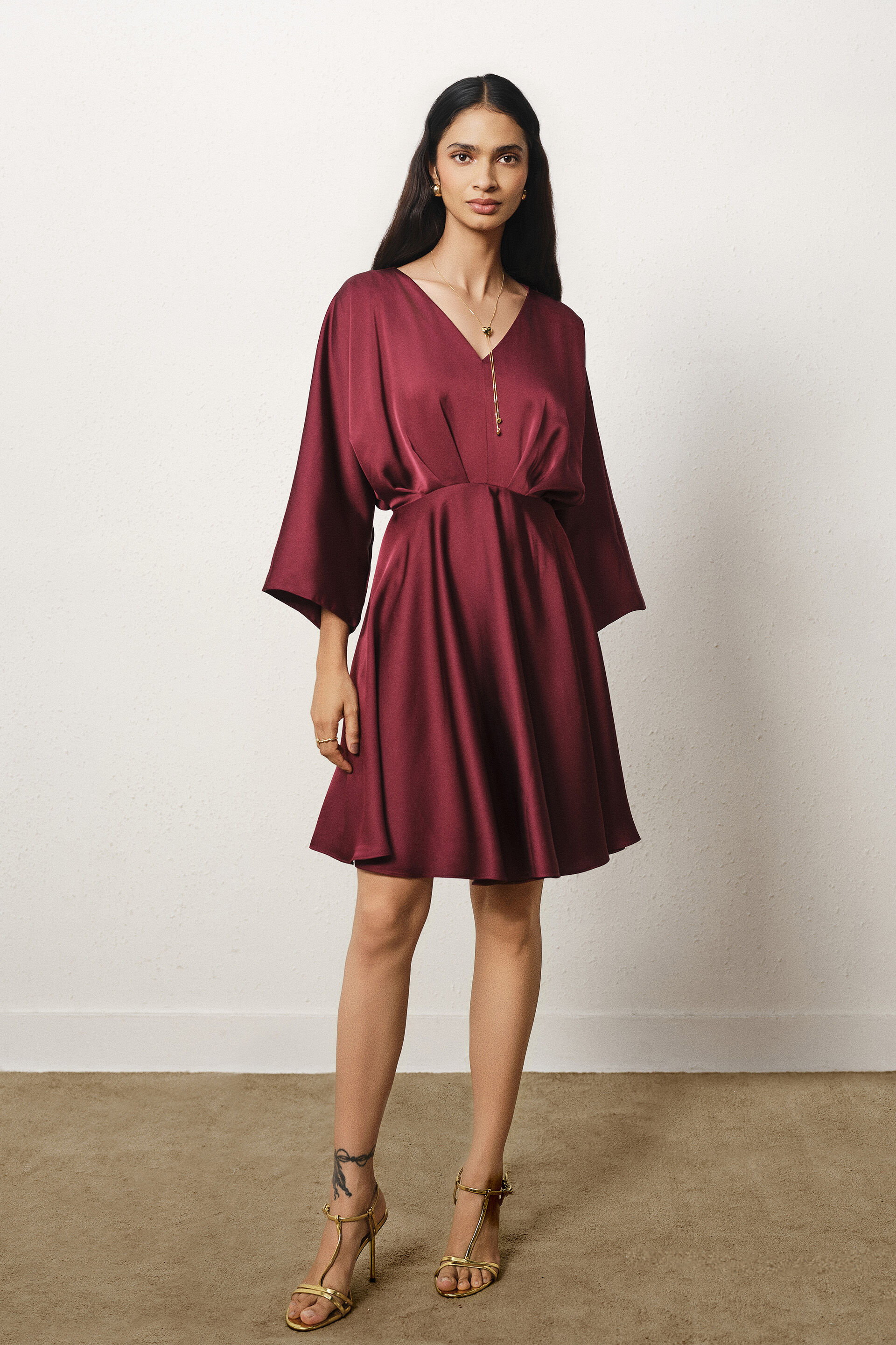 Flutter Sleeves Satin Dress in Wine, Wine, image 3