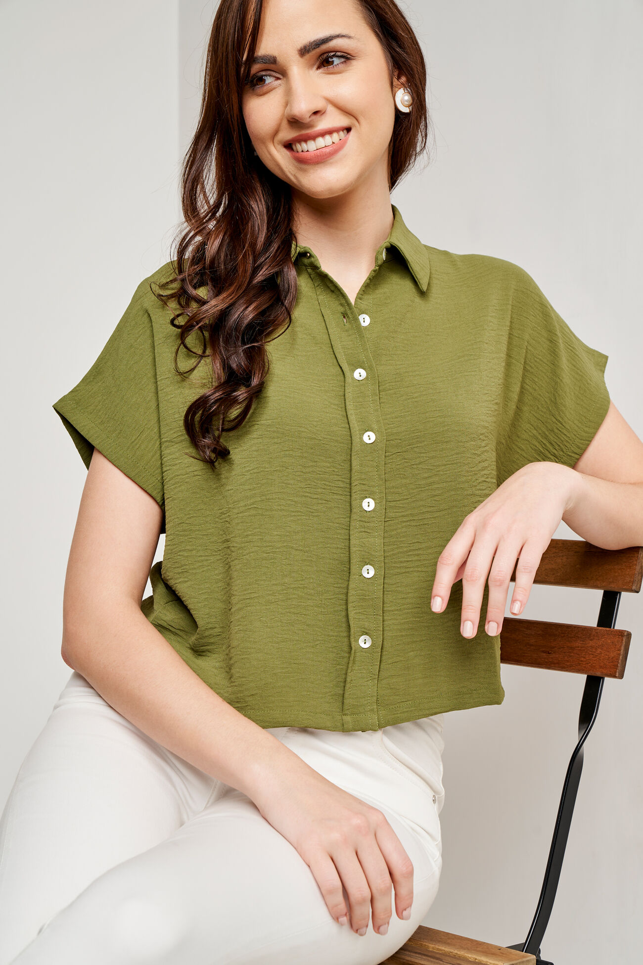 Olive Loose Fit Shirt Style Top, Olive, image 1