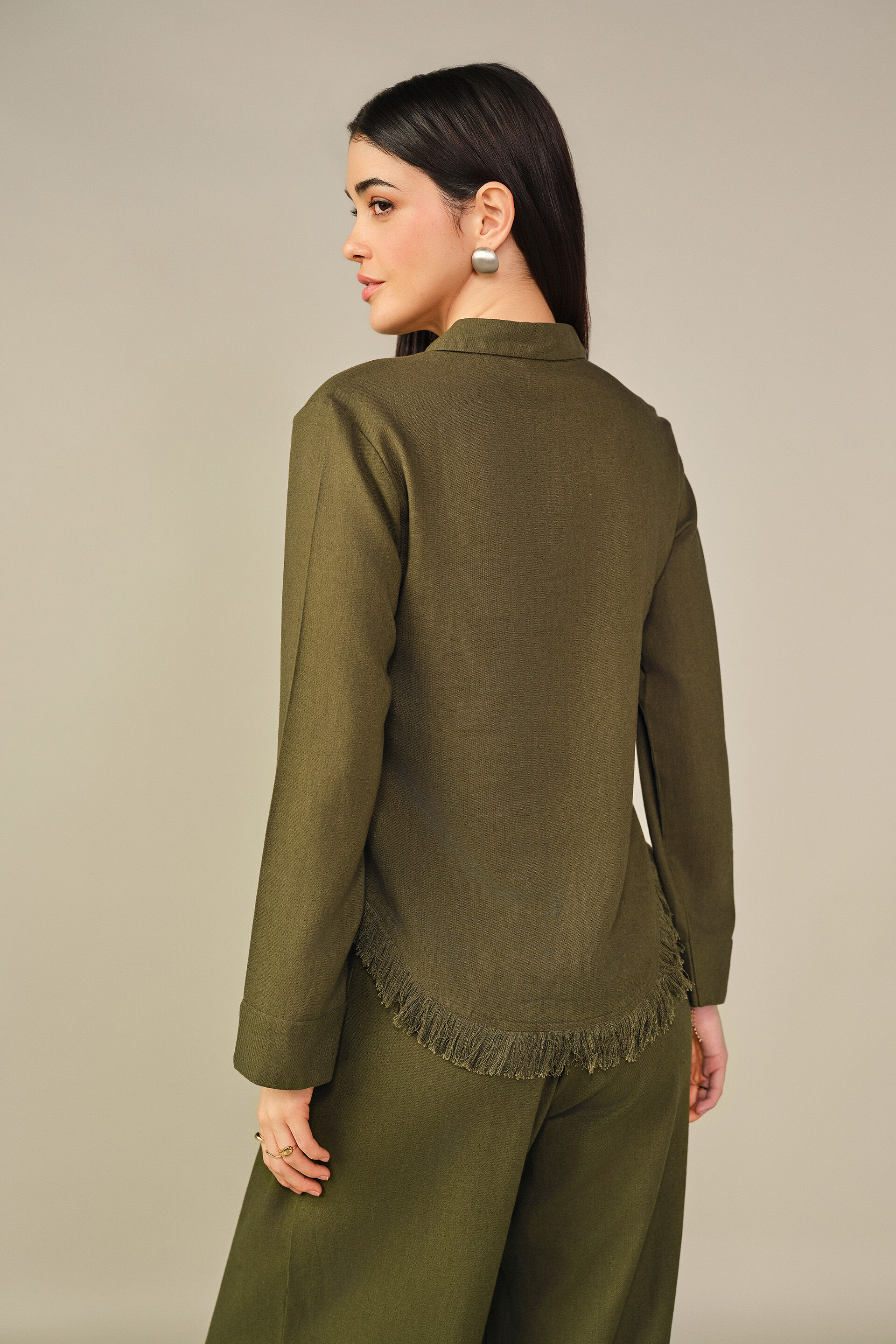 Solid Ruffle Detail Shirt in Olive, Olive, image 6