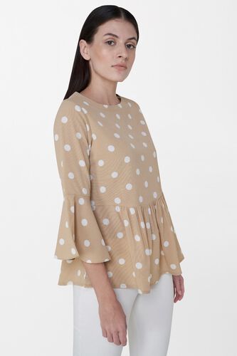 3 - Beige Polka Dots Round Neck Fit and Flare Top, image 3