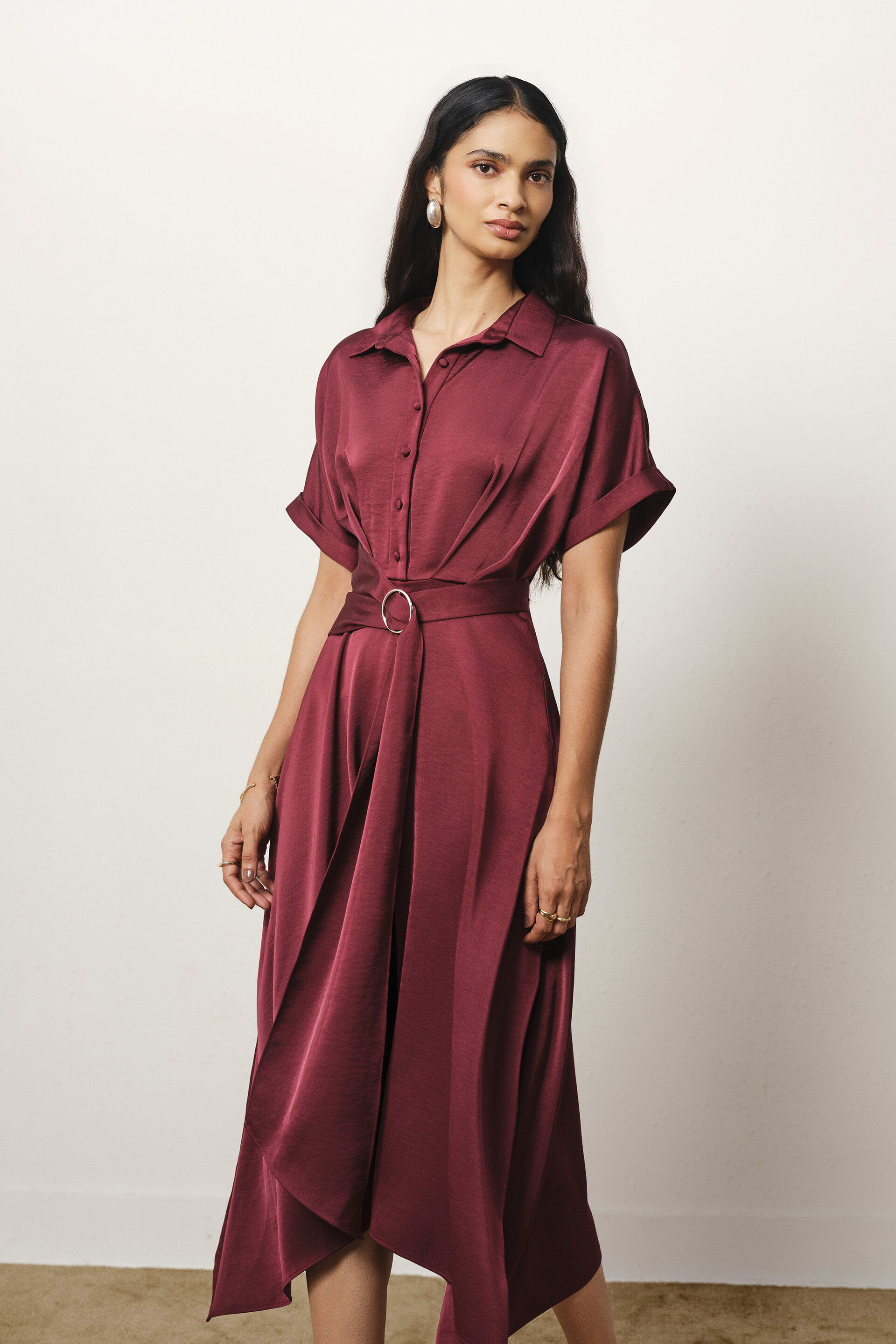 Asymmetric Satin Dress in Wine, Maroon, image 5