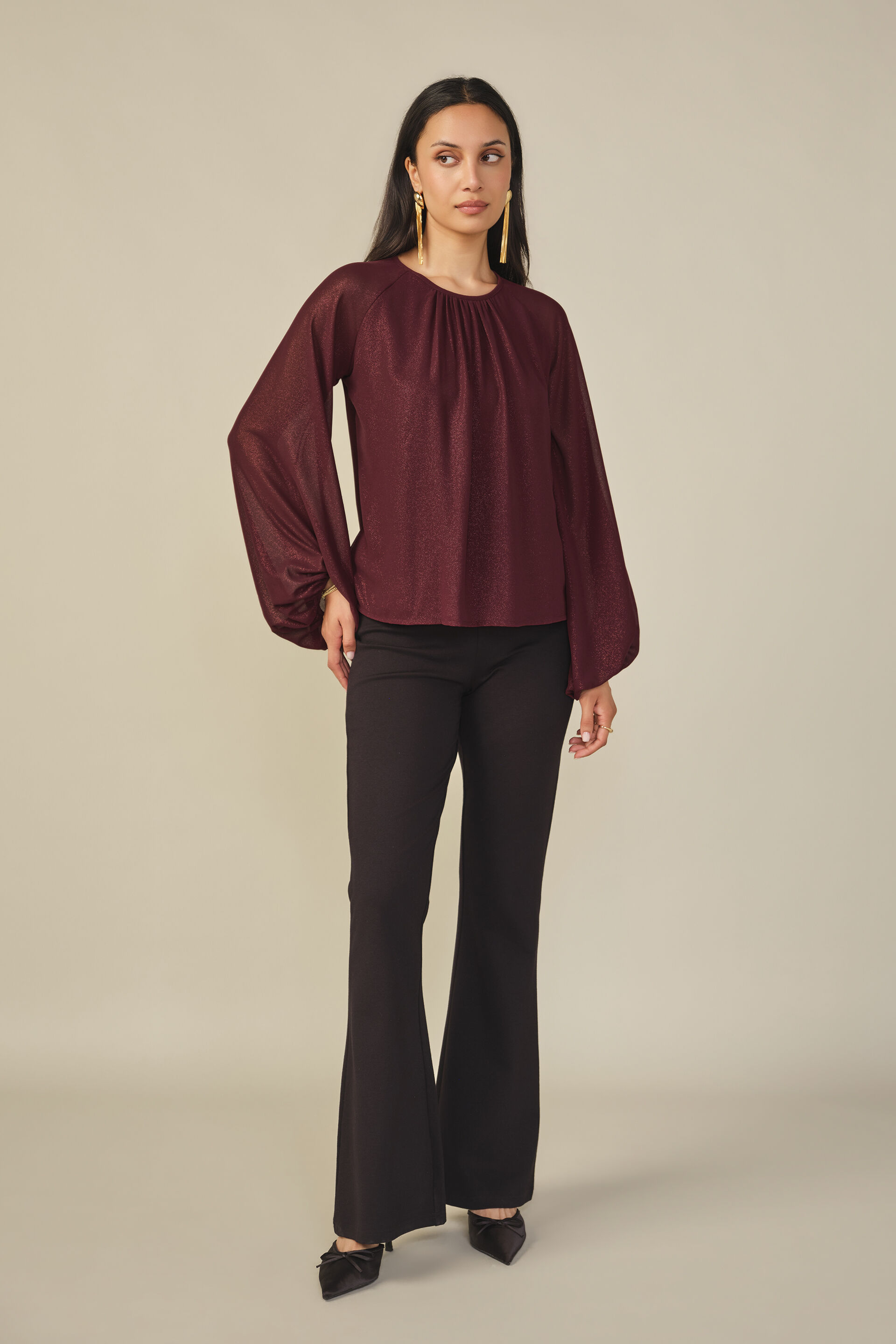 Voluminous Sheer Sleeve Top in Wine, Wine, image 3