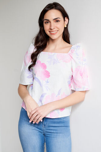 White Floral Linen Top, Pista Green, image 1