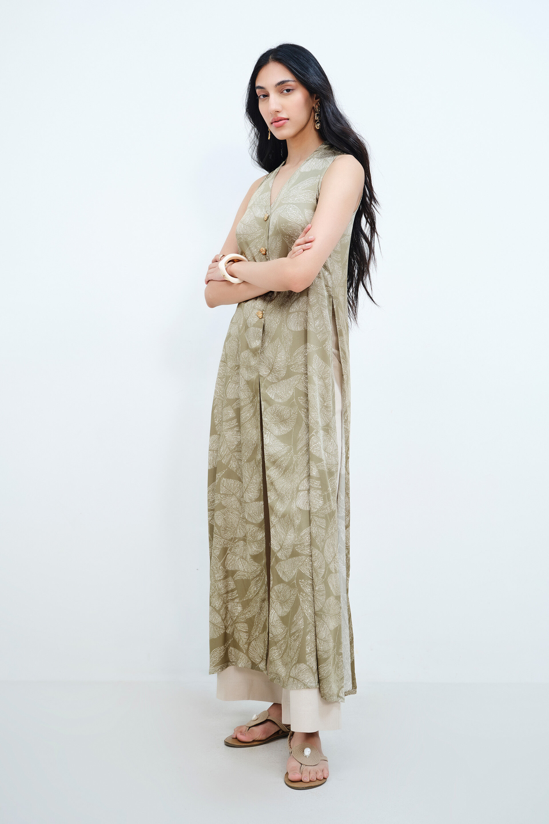 Leaf Imprint Longline Modal Co-ord Set, Green, image 4