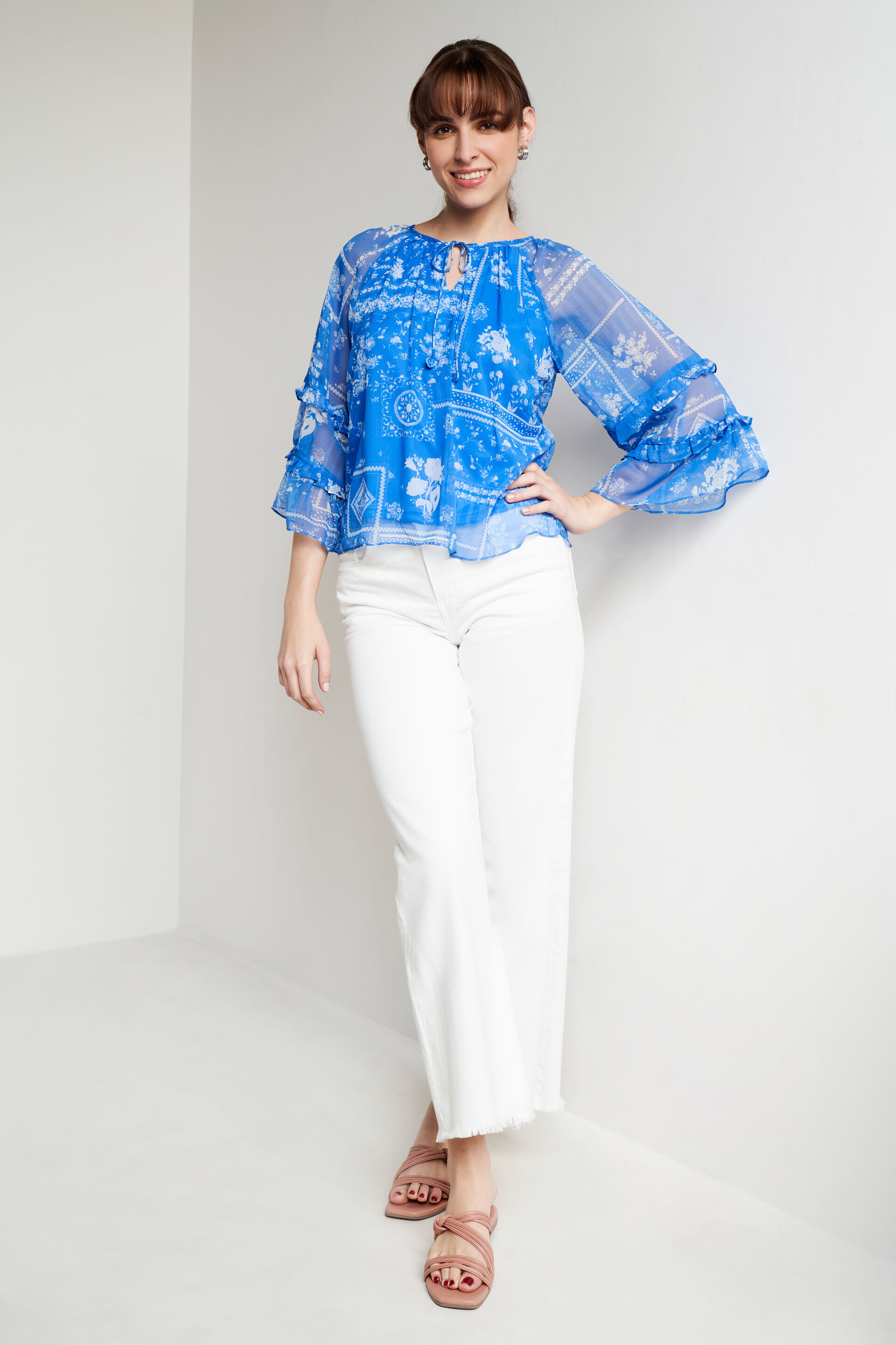 Royal Blue Floral Flared Top, Royal Blue, image 4