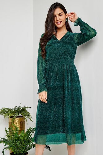 Green Solid Flared Dress, Green, image 2