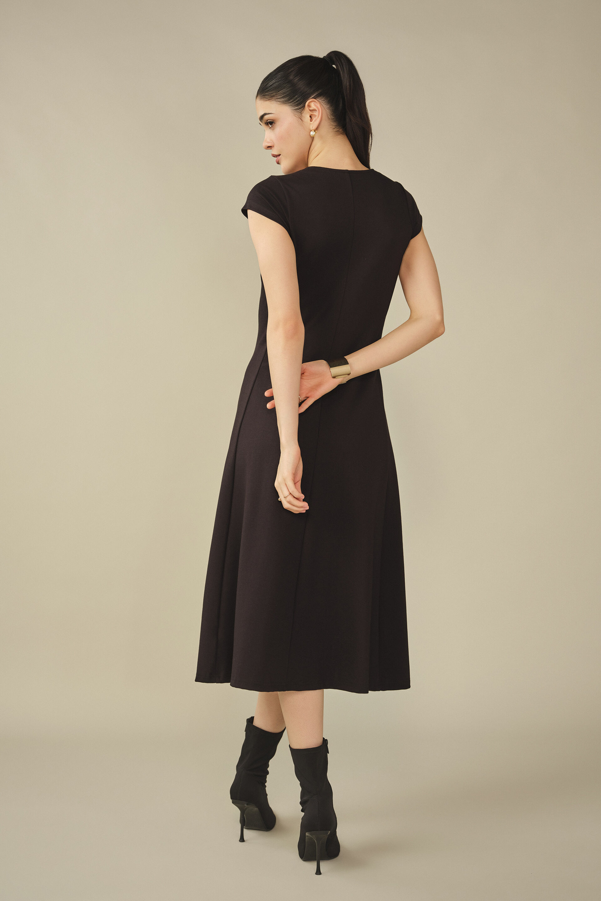 Solid Fit & Flare Midi Dress in Black, Black, image 6