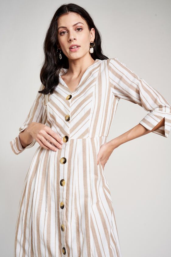 6 - Cream Stripes V-Neck Fit and Flare Cuff Midi Dress, image 6