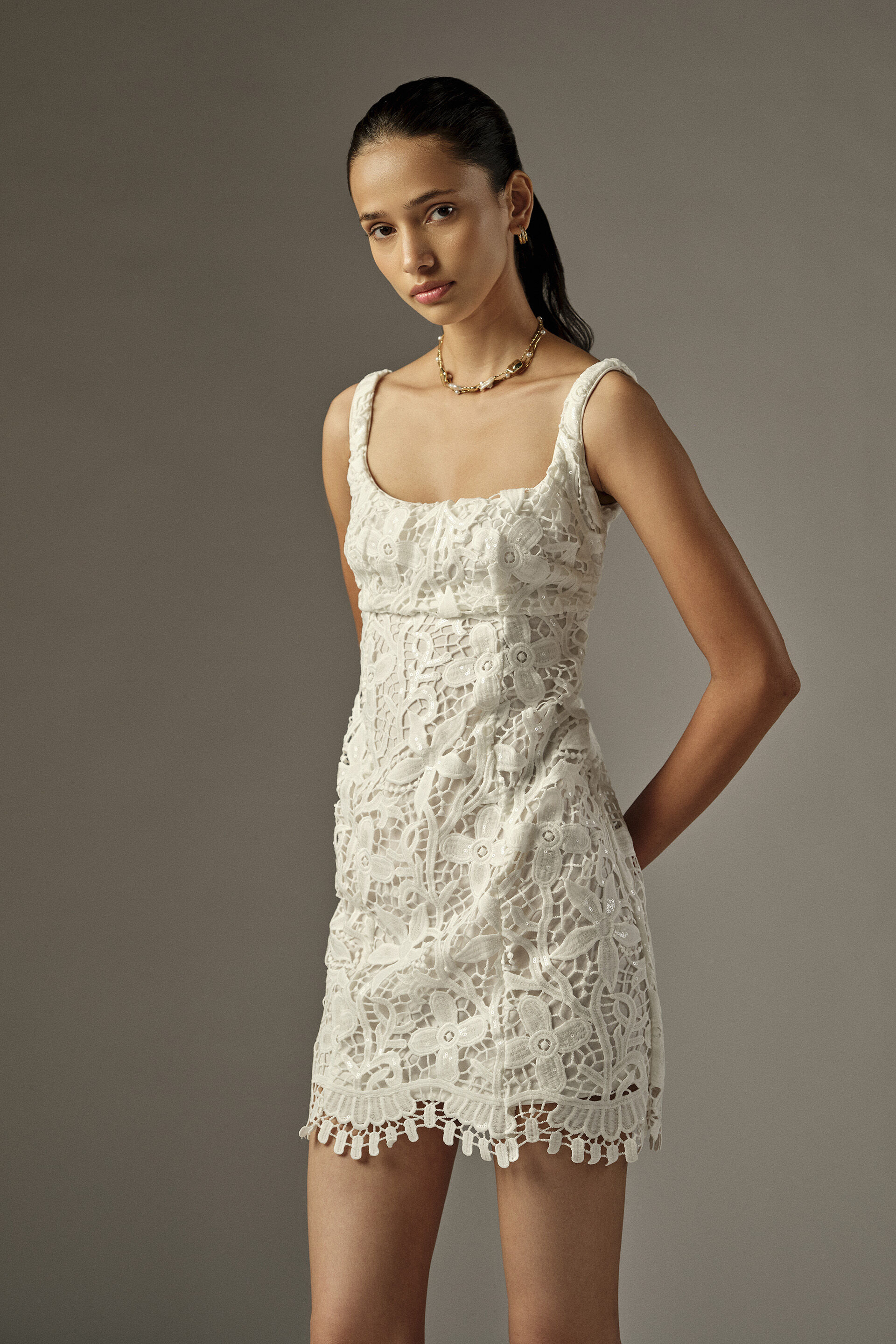 white short dress online india White Solid Cotton Short Dress With Schiffili Work