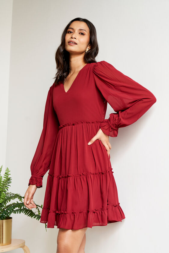 Maroon-Flared Summer Dress, Maroon, image 1