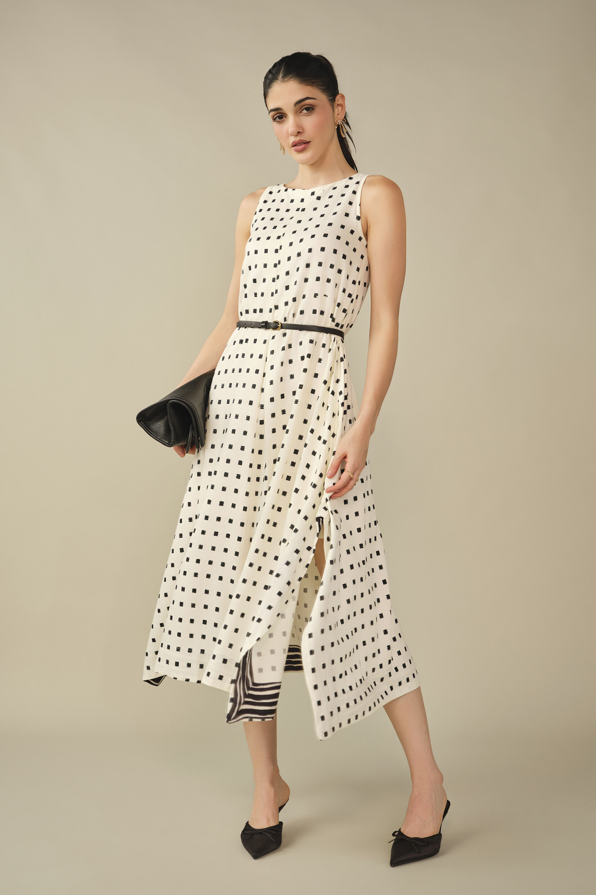 Fit & Flare Printed Midi Dress in White, White, image 5