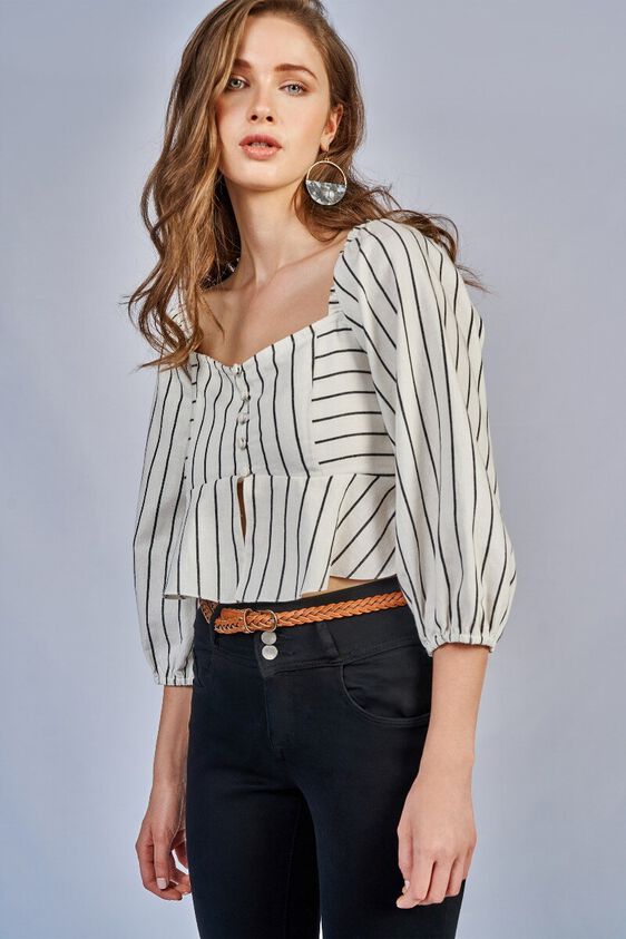 5 - Black - White Stripes Square Neck Fit and Flare Top, image 5