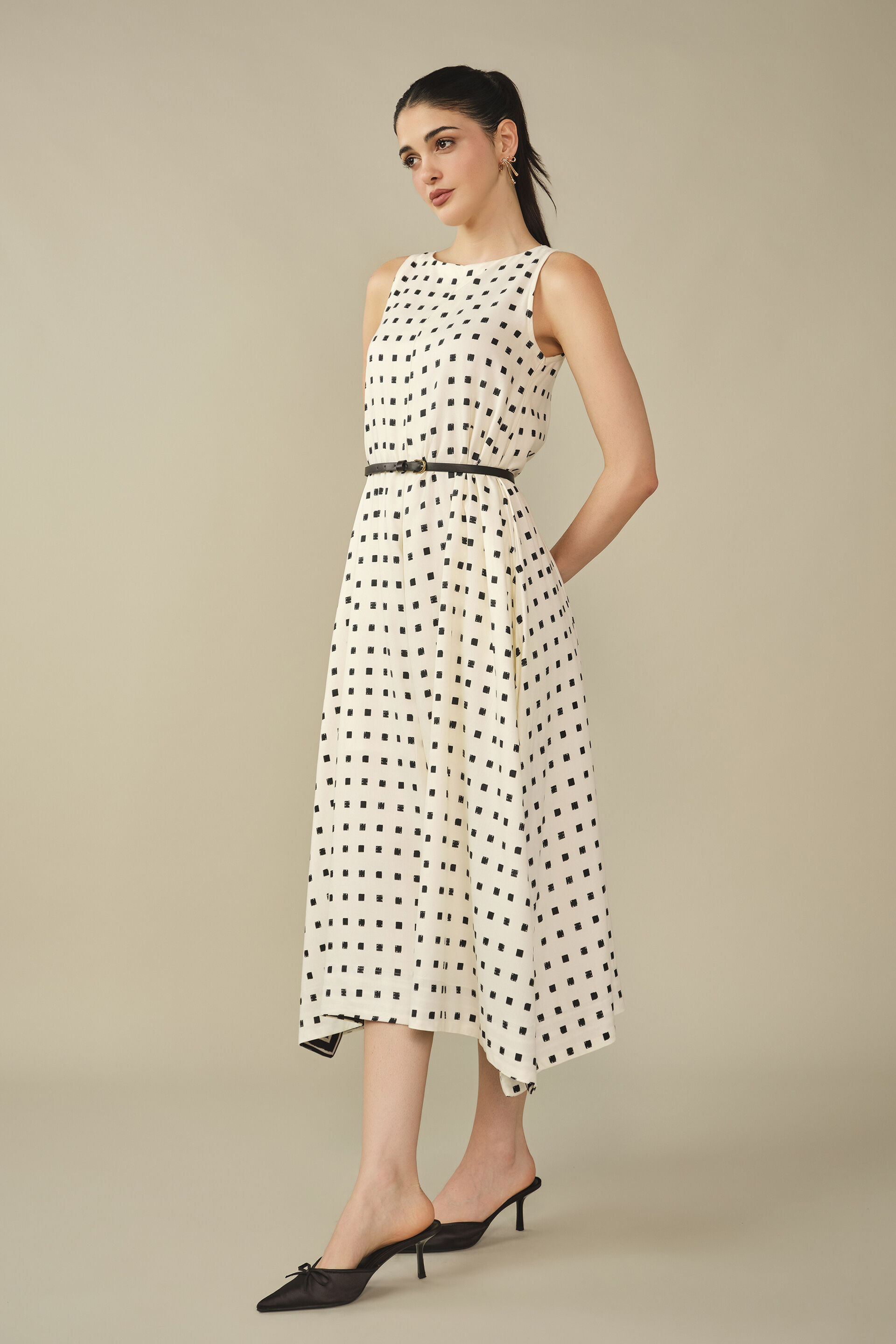 Fit & Flare Printed Midi Dress in White, White, image 4