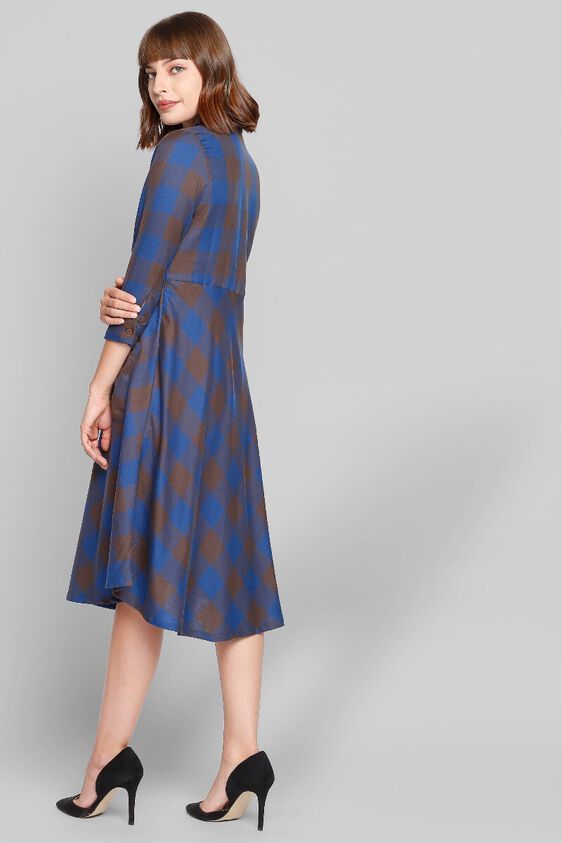 2 - Brown - Blue Checks Fit and Flare Knee Length Dress, image 2