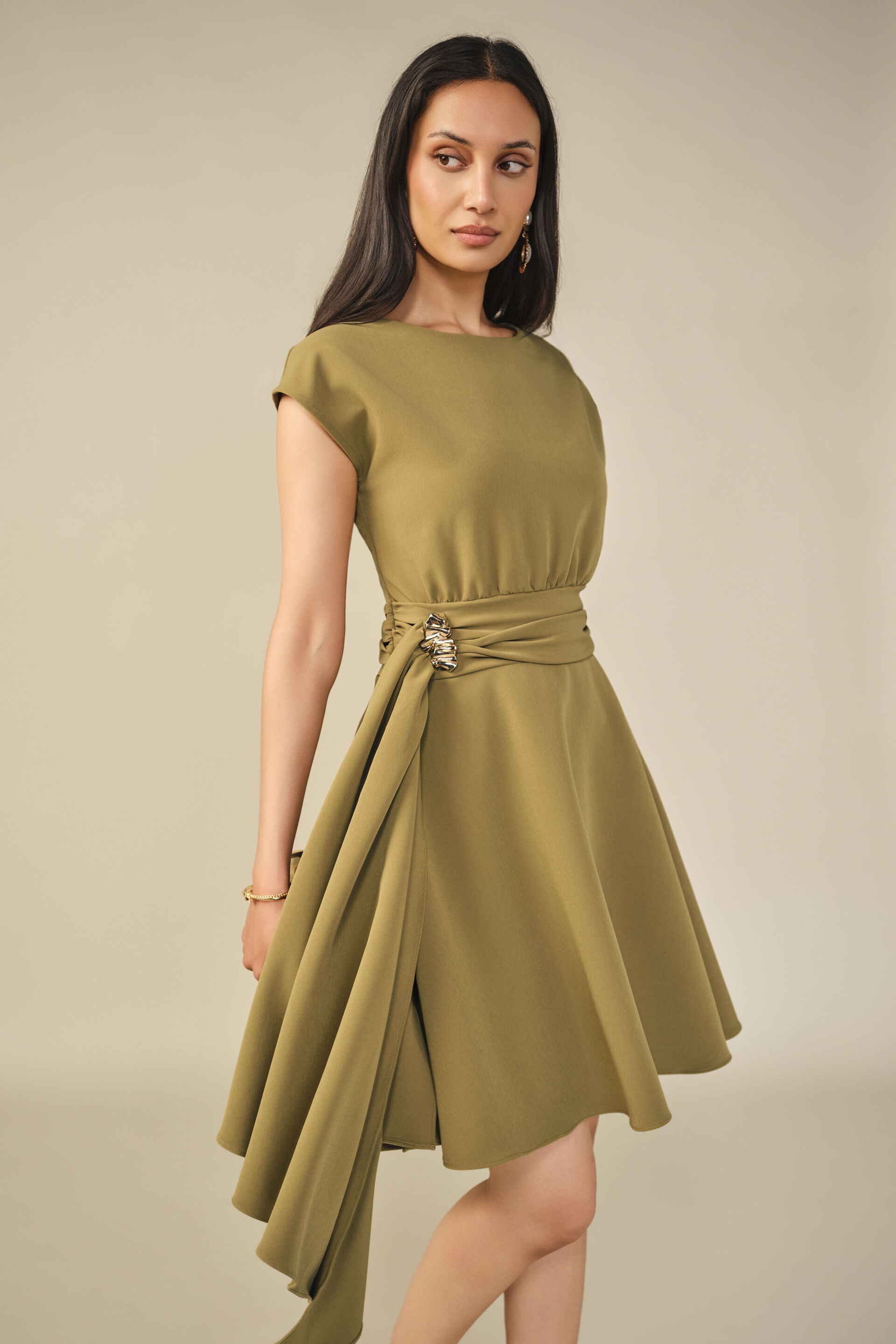 Fit & Flare Solid Dress in Chartreuse, Olive, image 3
