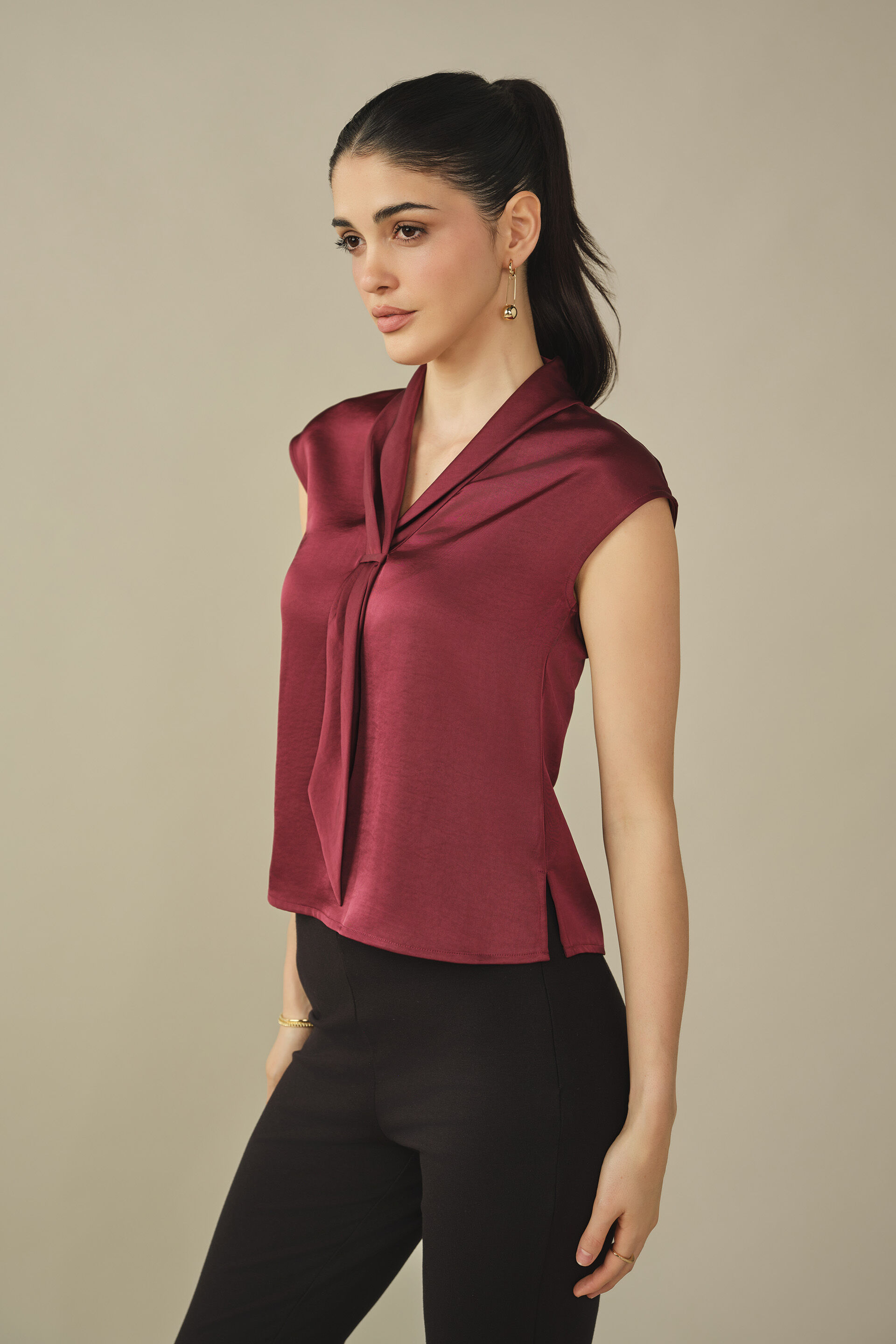 Tie-up Satin Top in Plum, Plum, image 3