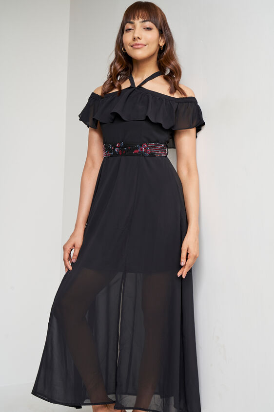 Black Solid Flared Gown, Black, image 2